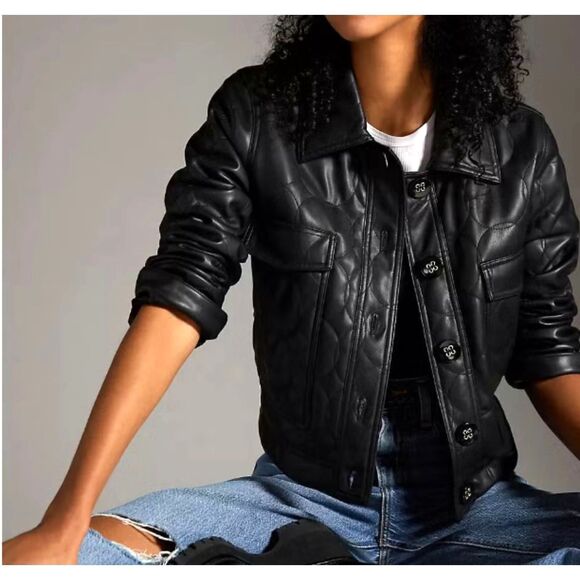 Anthropologie Maeve Womens Black Quilted Cropped Faux Leather Jacket size 16P - Picture 1 of 14